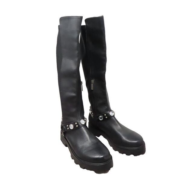 Karl Lagerfeld Paris Milla Embellished Rhinestone 8.5M Leather Tall Riding Boots - Picture 5 of 16